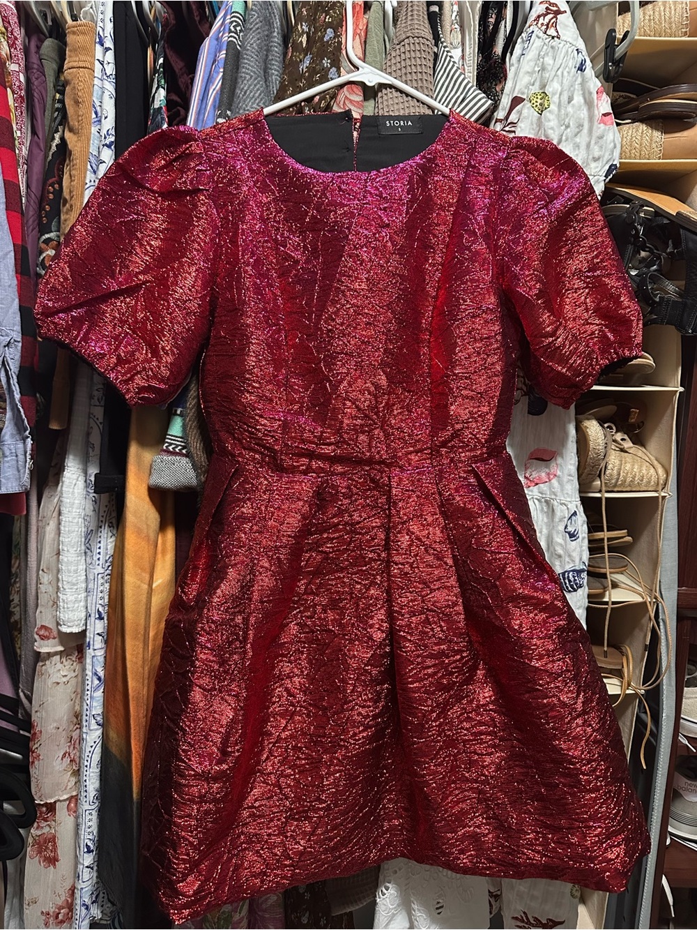 Storia Metallic Deep Red Textured Mini Dress